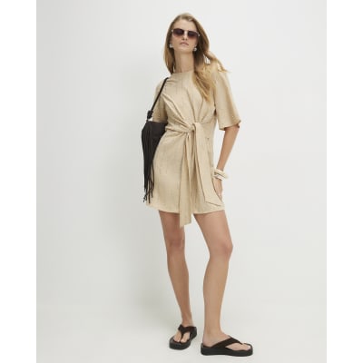 River Island Beige Cotton Short Sleeve Diamante Mini Dress