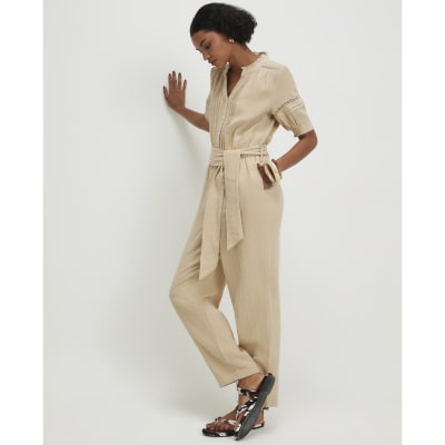 Beige Cotton Textured Jumpsuit