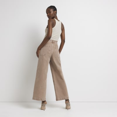 Beige cropped high waisted straight jeans River Island