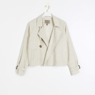 Beige cropped linen blend jacket | River Island