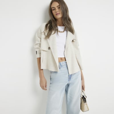 Beige cropped linen blend jacket | River Island