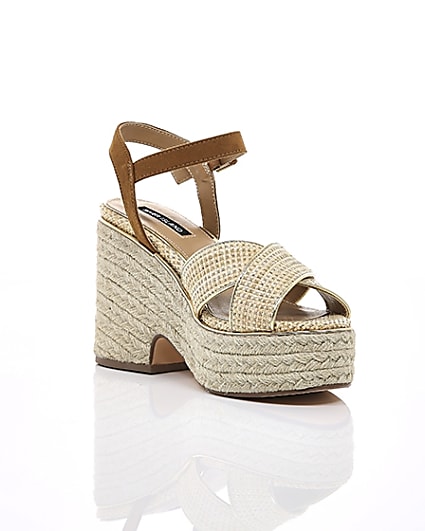 360 degree animation of product Beige cross strap espadrille wedges frame-6