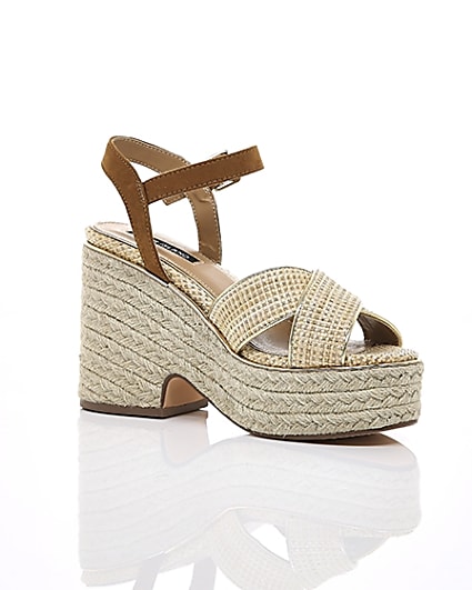 360 degree animation of product Beige cross strap espadrille wedges frame-7