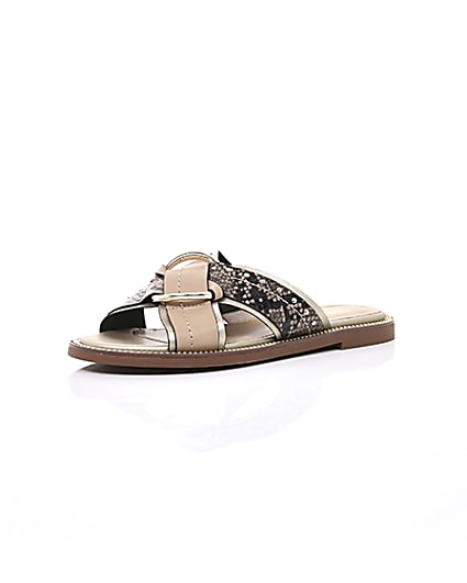 360 degree animation of product Beige cross strap ring flat sandals frame-0