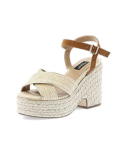 360 degree animation of product Beige cross strap wide fit espadrille wedges frame-0