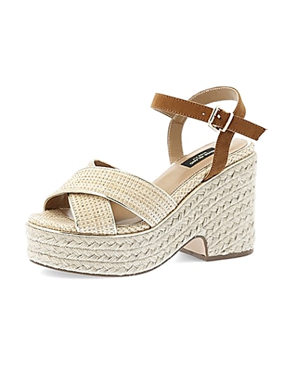 360 degree animation of product Beige cross strap wide fit espadrille wedges frame-1