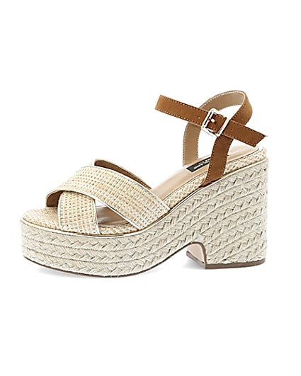 360 degree animation of product Beige cross strap wide fit espadrille wedges frame-2