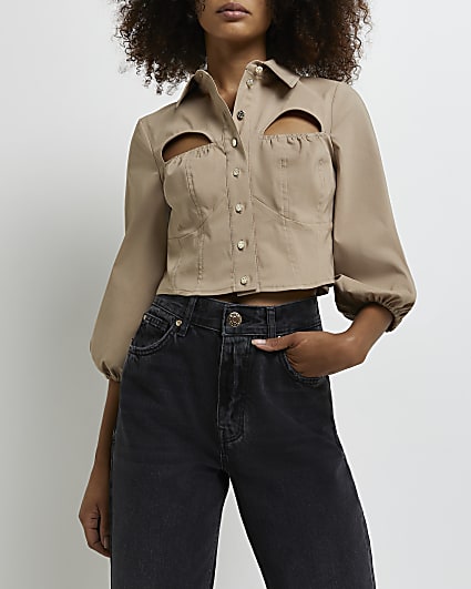 Beige cut out cropped shirt