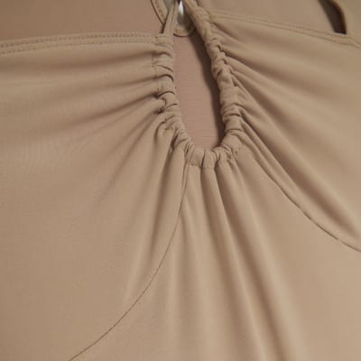 Beige cut out ruched bodysuit
