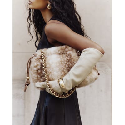Beige Deer Print Faux Fur Clutch Bag
