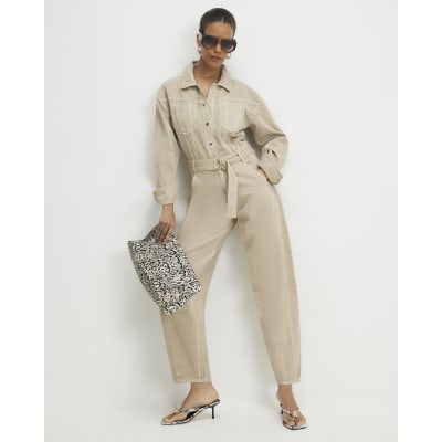 Denim Belted Barrel Leg Jumpsuit