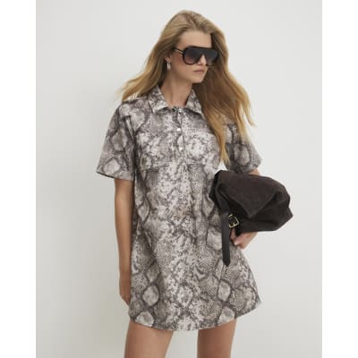 Beige Denim Snake Print Mini Dress | River Island