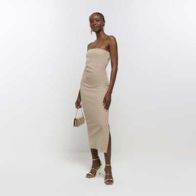 Beige diamante bandeau midi dress River Island