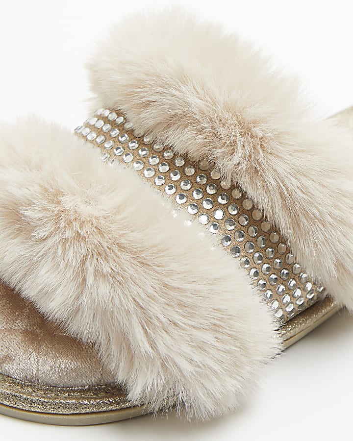 Beige diamante faux fur slippers