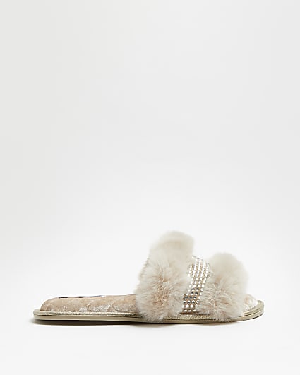 Beige diamante faux fur slippers