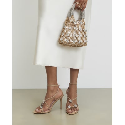 Beige Diamante Flower Strappy Heel Sandals