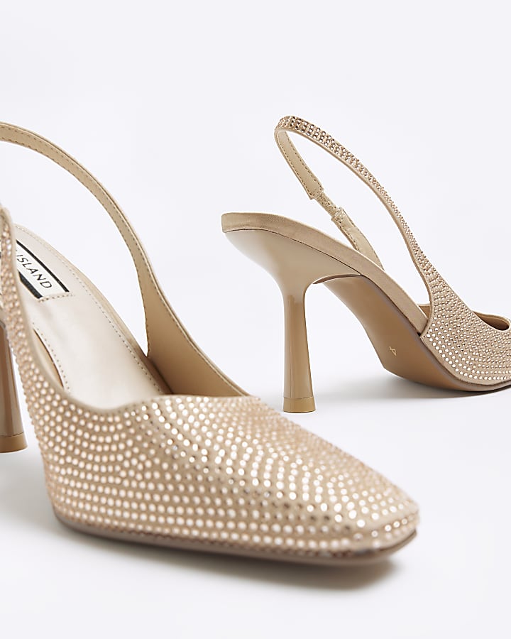 Beige diamante heeled court shoes