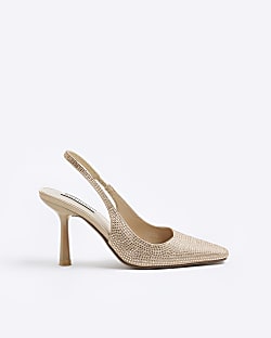 Beige diamante heeled court shoes
