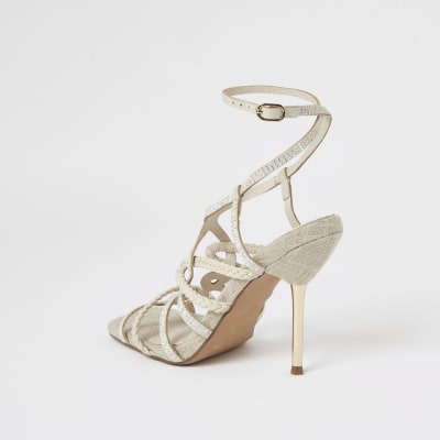Beige diamante tubular high heeled sandals