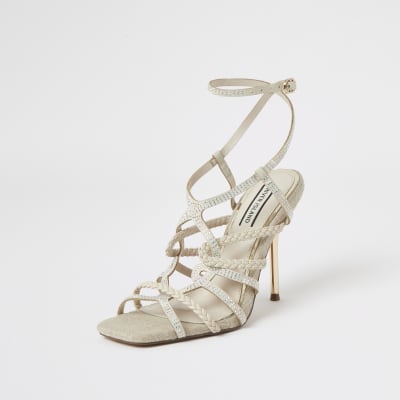 Beige diamante tubular high heeled sandals