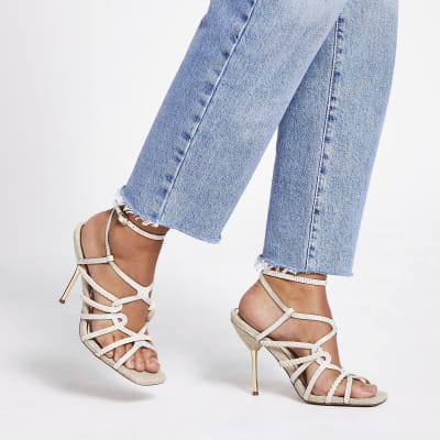 Beige diamante tubular high heeled sandals