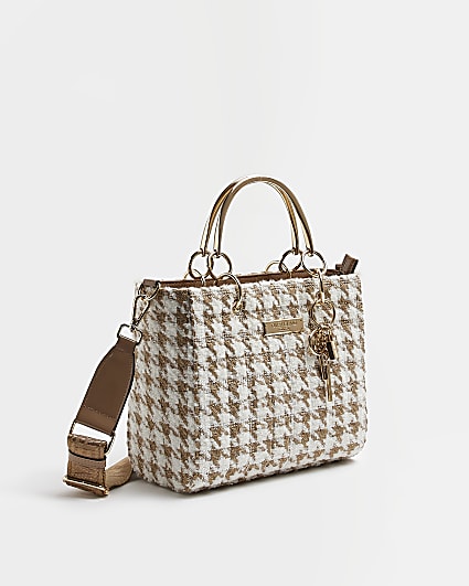 Beige dogtooth boucle tote bag