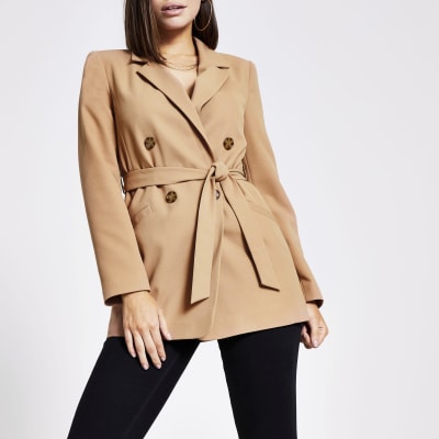 Beige double breasted belted blazer