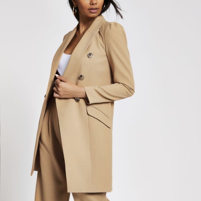 Beige double breasted longline blazer River Island