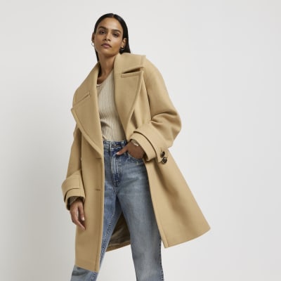 Beige double breasted longline coat | River Island