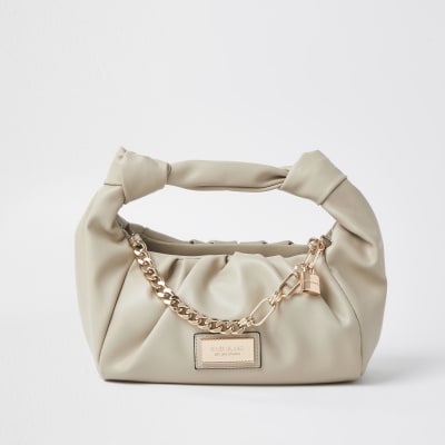 Beige double knot chain ruched bag