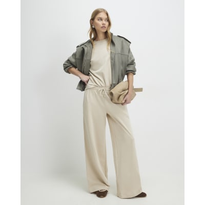 Beige Drawstring Wide Leg Joggers