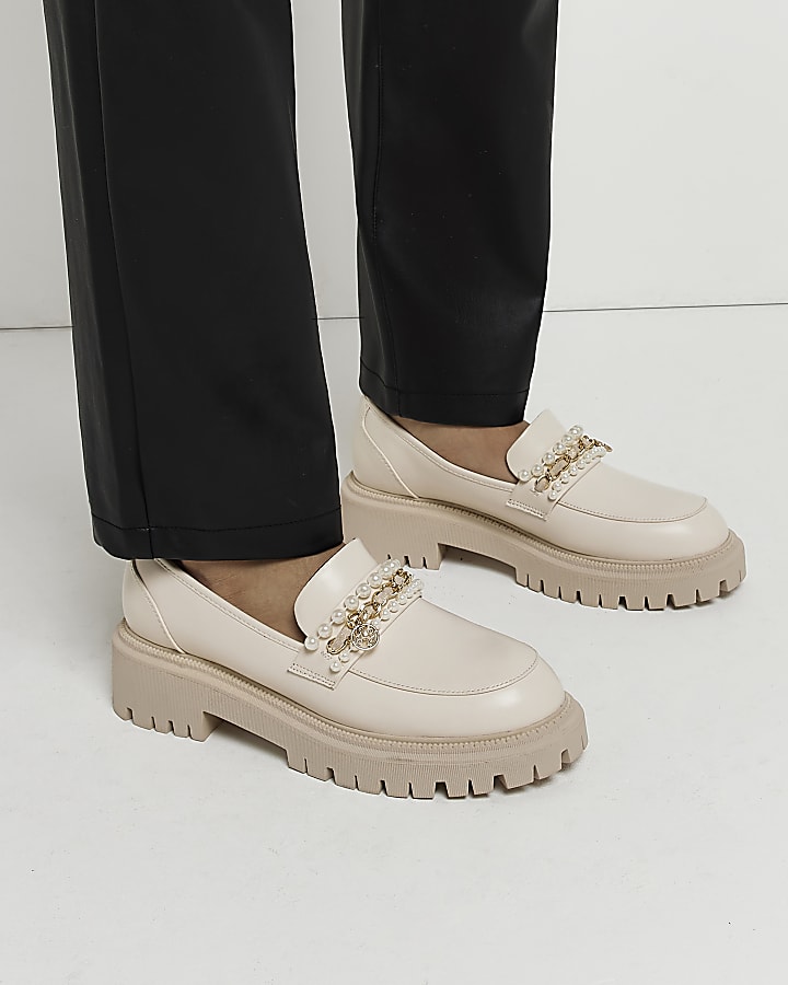 Beige embellished chunky loafers