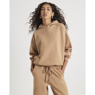 Beige Embellished Detail Hoodie