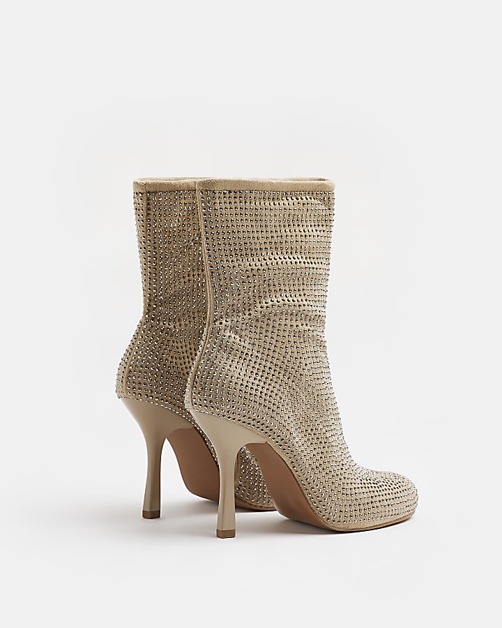 Beige embellished heeled ankle boots