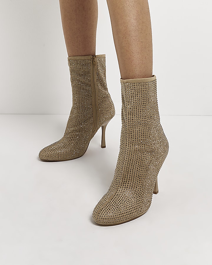 Beige embellished heeled ankle boots