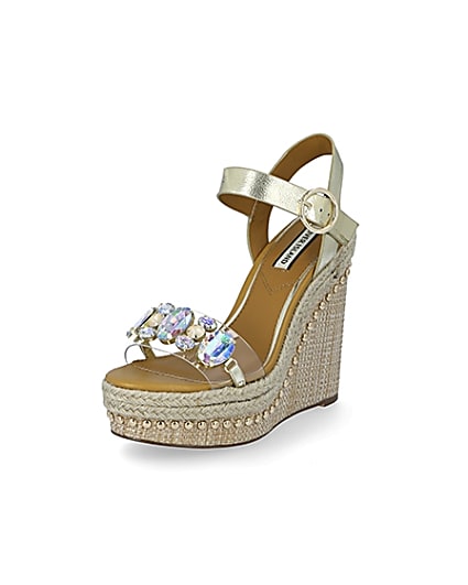 360 degree animation of product Beige embellished perspex wedge sandals frame-0