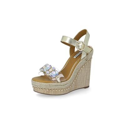 360 degree animation of product Beige embellished perspex wedge sandals frame-1