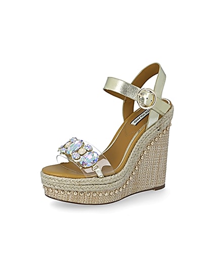 360 degree animation of product Beige embellished perspex wedge sandals frame-1