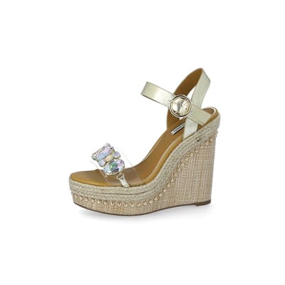 360 degree animation of product Beige embellished perspex wedge sandals frame-2