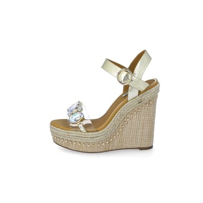 360 degree animation of product Beige embellished perspex wedge sandals frame-3