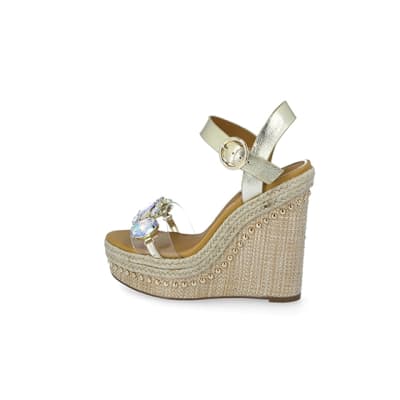 360 degree animation of product Beige embellished perspex wedge sandals frame-4