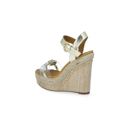 360 degree animation of product Beige embellished perspex wedge sandals frame-5