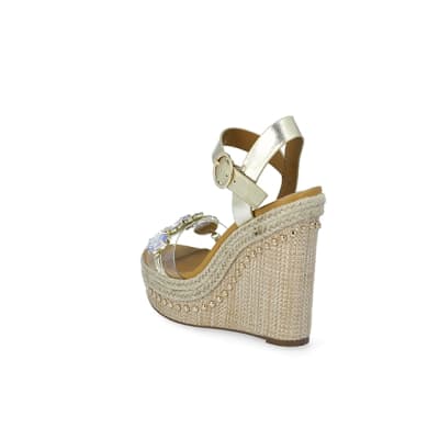 360 degree animation of product Beige embellished perspex wedge sandals frame-6