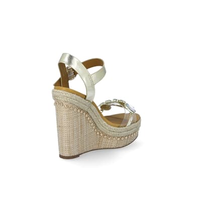 360 degree animation of product Beige embellished perspex wedge sandals frame-12