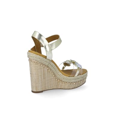 360 degree animation of product Beige embellished perspex wedge sandals frame-13