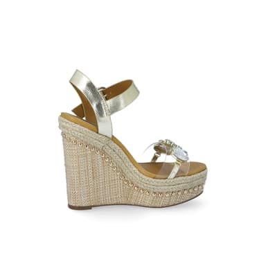 360 degree animation of product Beige embellished perspex wedge sandals frame-14