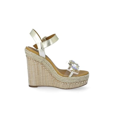 360 degree animation of product Beige embellished perspex wedge sandals frame-15