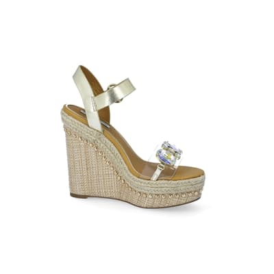 360 degree animation of product Beige embellished perspex wedge sandals frame-16