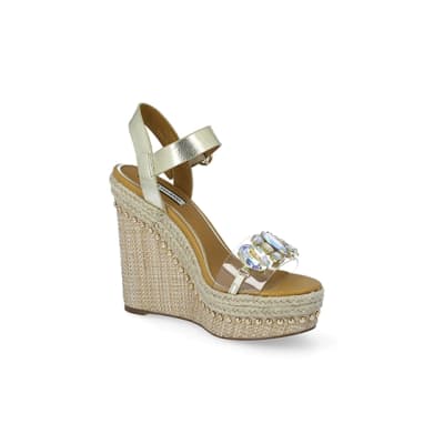 360 degree animation of product Beige embellished perspex wedge sandals frame-17
