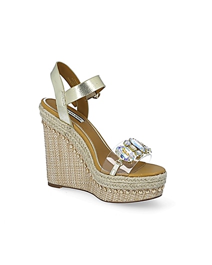 360 degree animation of product Beige embellished perspex wedge sandals frame-17